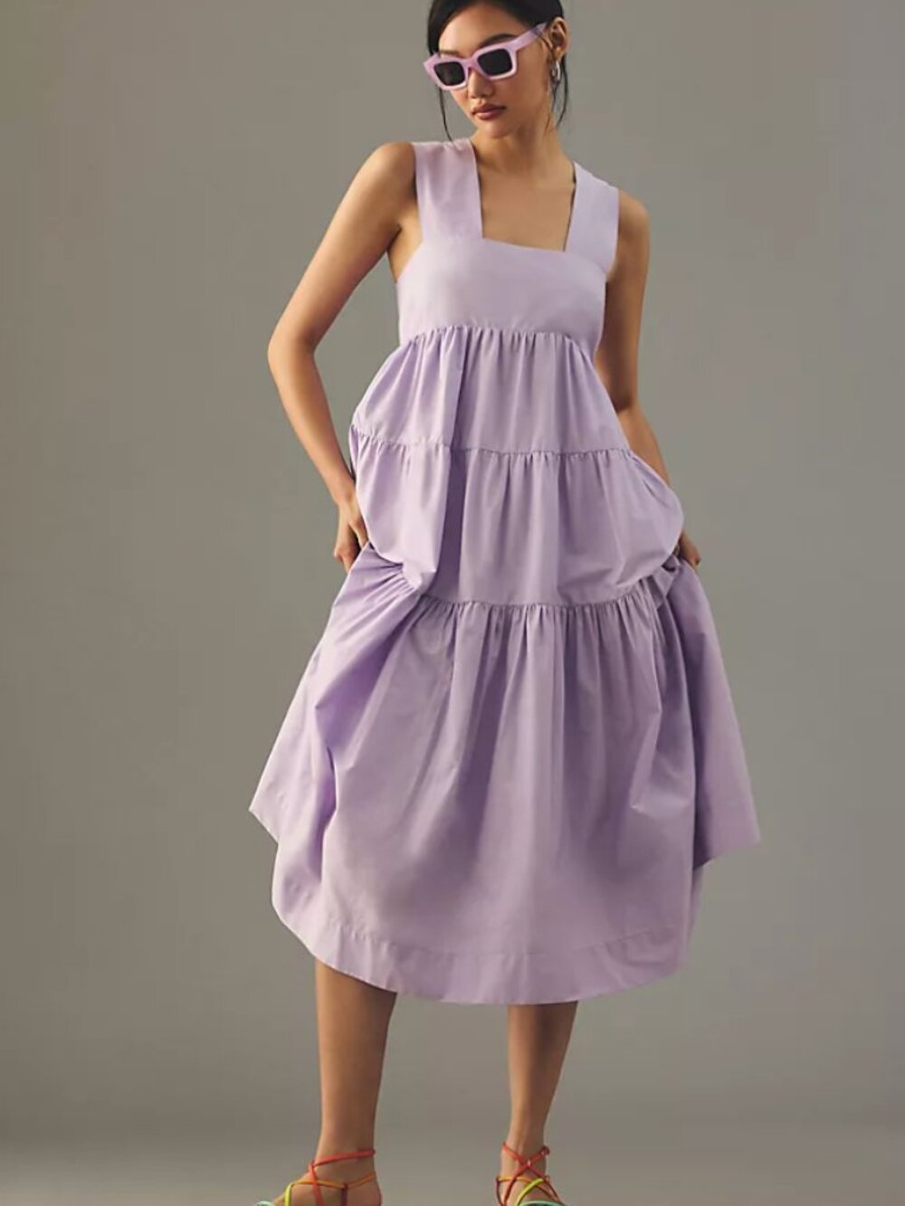 By Anthropologie Lavender Sleeveless Square Neck Tiered Midi Dress Sz S
